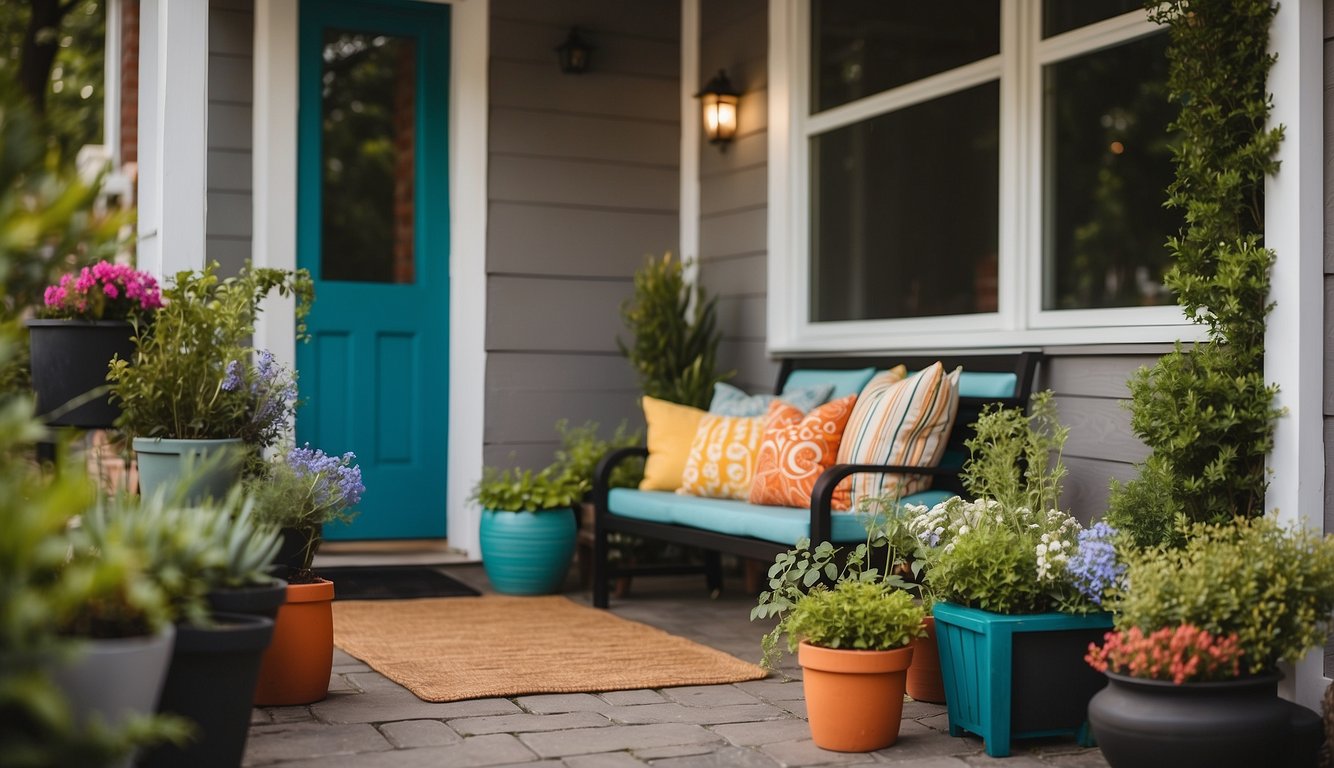 A small porch with budget-friendly makeovers, featuring vibrant color schemes and materials. Plants, cozy seating, and decorative elements create a welcoming space