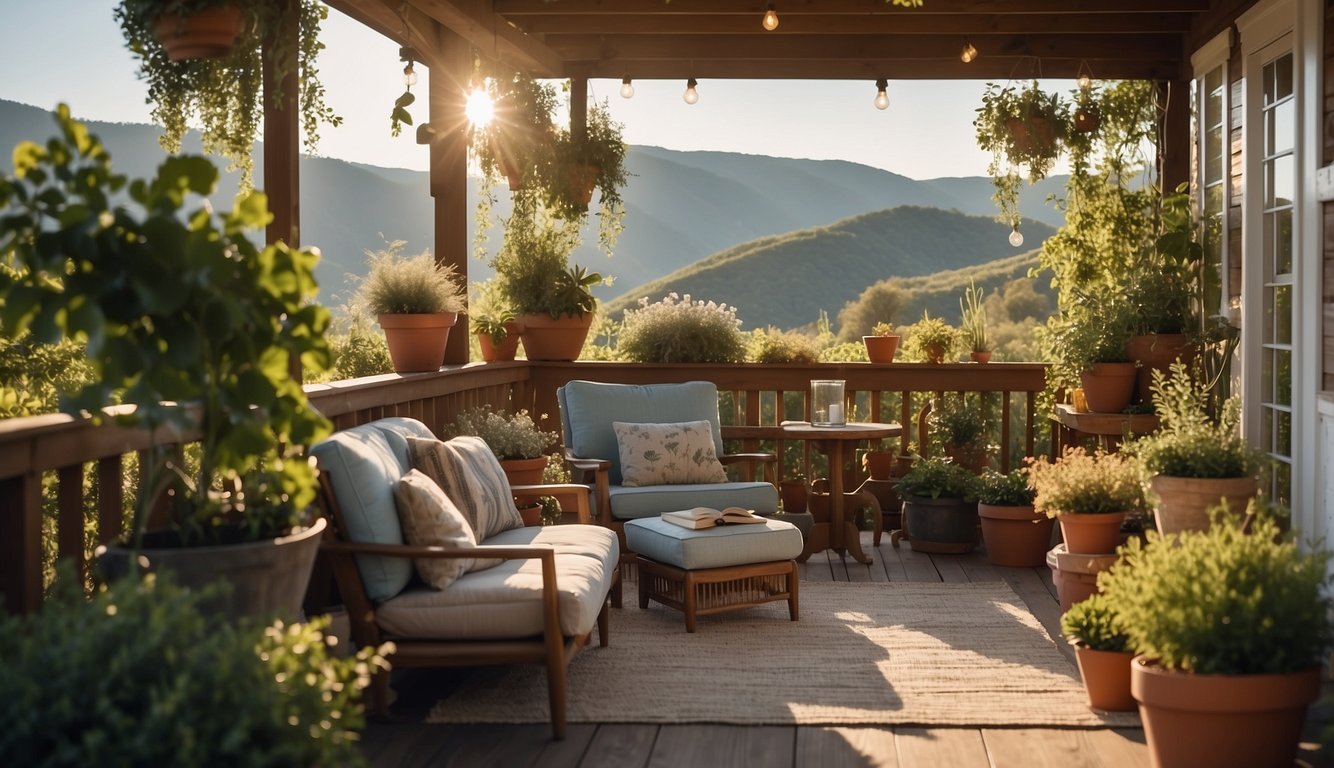A cozy porch with potted plants, comfortable seating, and string lights. A serene landscape with rolling hills and a clear blue sky