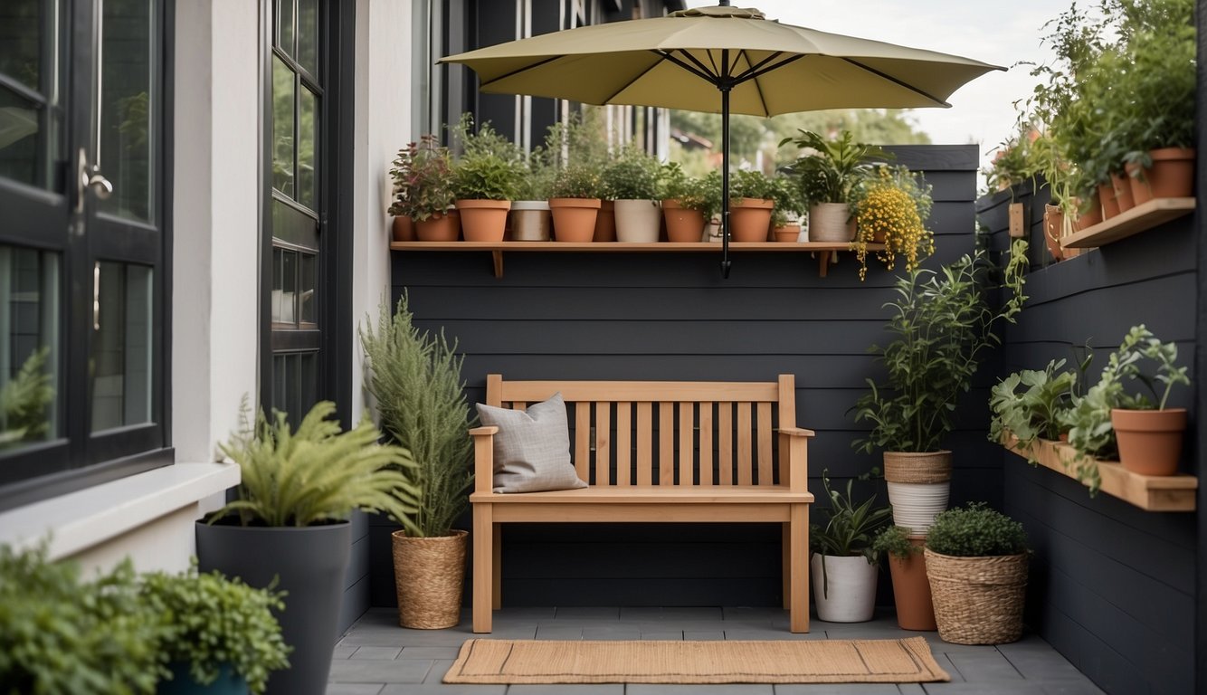 A small porch with hanging planters, wall-mounted shelves, and a multi-functional bench with built-in storage. Decorative hooks hold gardening tools and a stylish umbrella stand completes the space