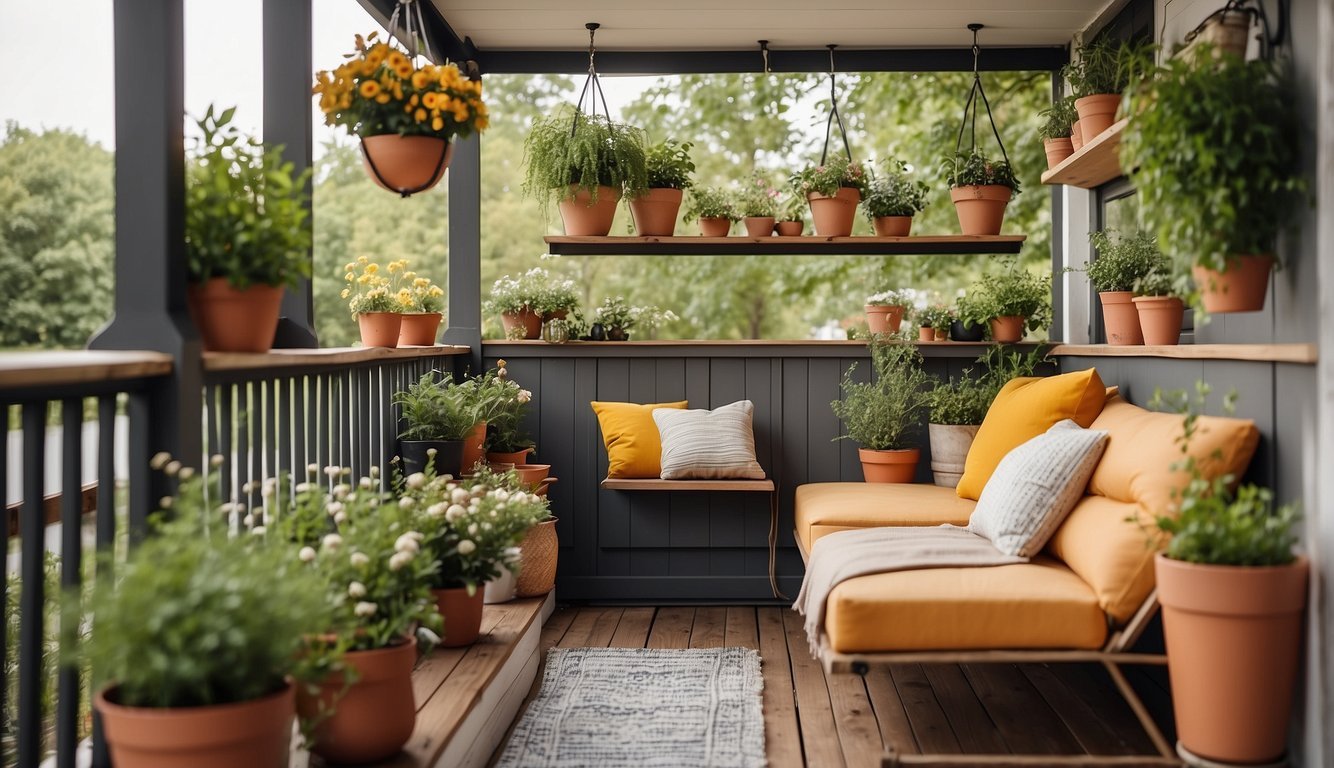 A small porch with clever storage solutions: hanging baskets, wall-mounted shelves, and foldable furniture maximize space