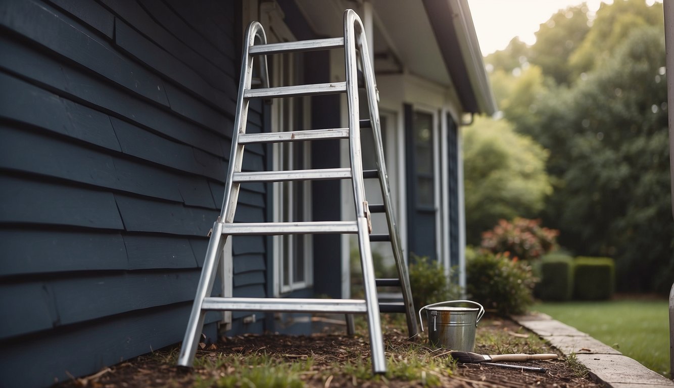 A ladder leans against a house, with a paint can and brush on the ground. Gutters and soffits are visible, ready to be painted