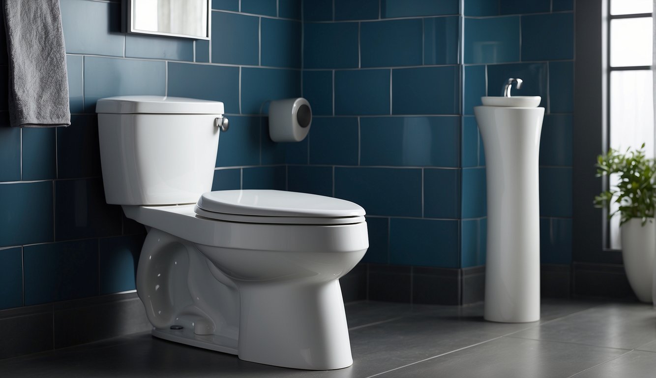 A Kohler Highline toilet in a bathroom, with a clear view of the flushing and filling mechanisms. No visible signs of damage or leaks