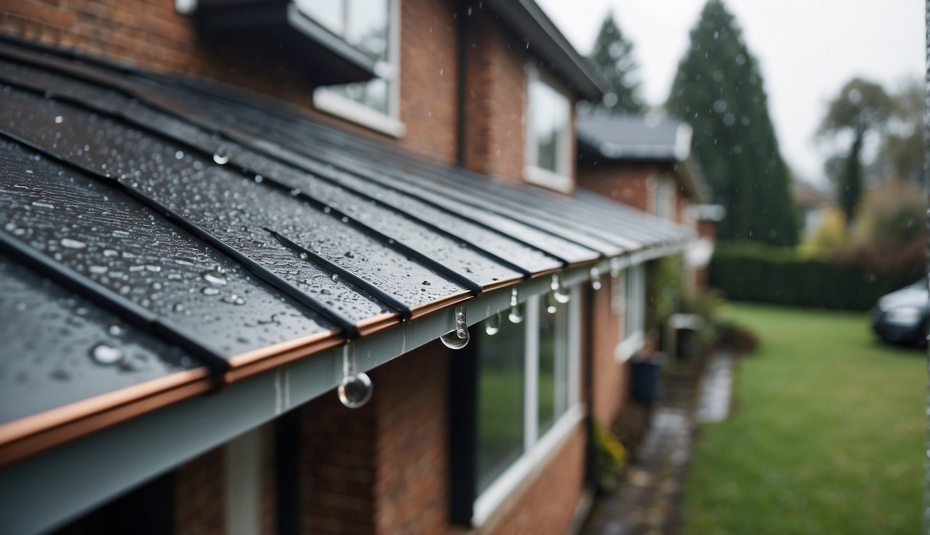A house with various gutter materials (metal, vinyl, copper) displayed next to each other, with rain pouring down to test their effectiveness