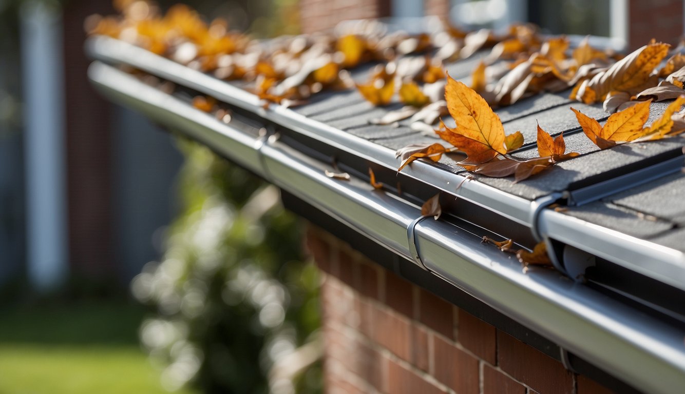 A house with various gutter materials (aluminum, vinyl, steel) installed, showing different levels of wear and tear. Leaves and debris are visible in some gutters