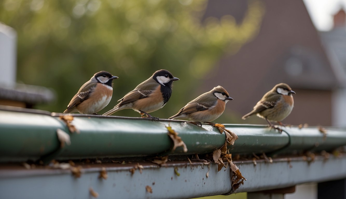 Birds perched on gutters, pecking at debris. A deterrent installed to prevent nesting