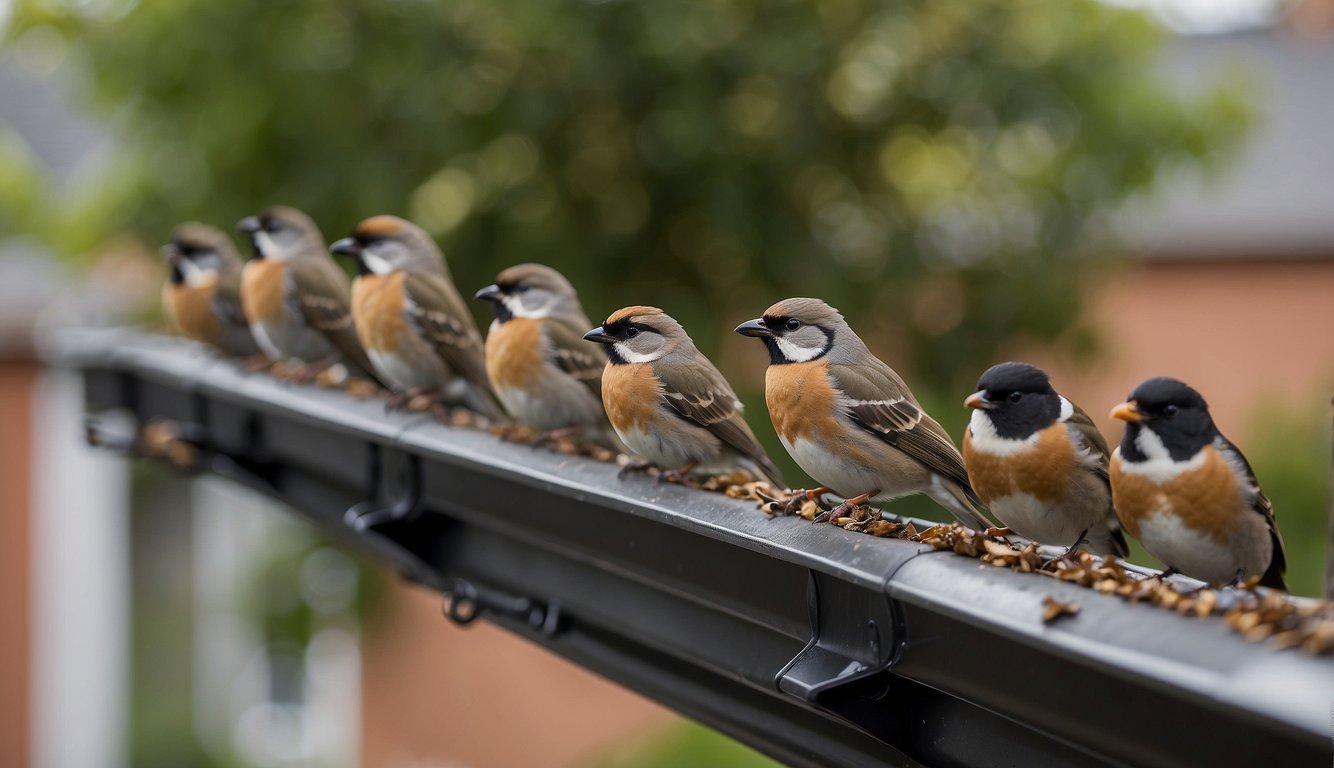 Birds perched in gutters, nesting materials in beaks. Gutter guards installed, birds deterred