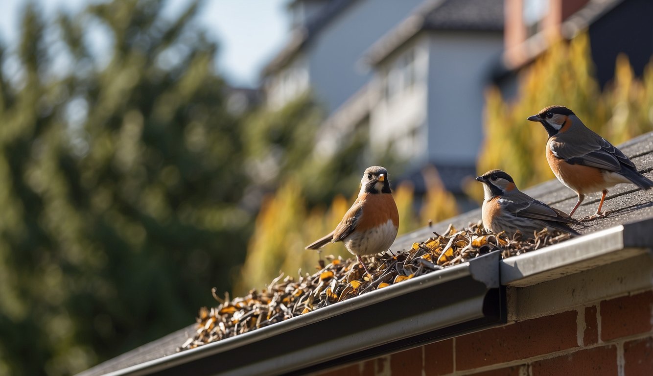 Birds trapped in gutters, nesting materials scattered. Gutter guards installed, birds deterred