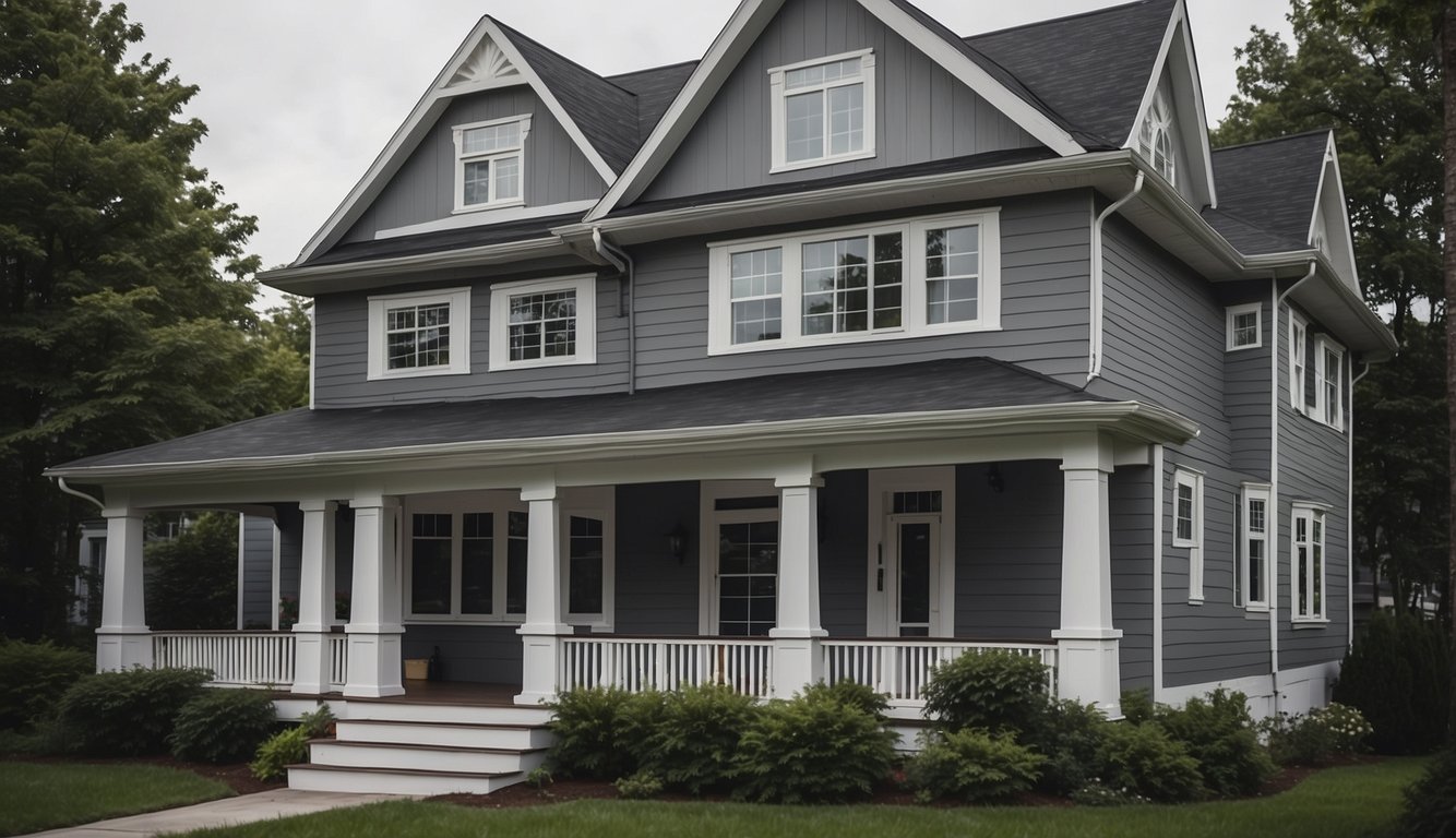 A grey house with white trim needs dark grey gutters for practicality and aesthetic harmony