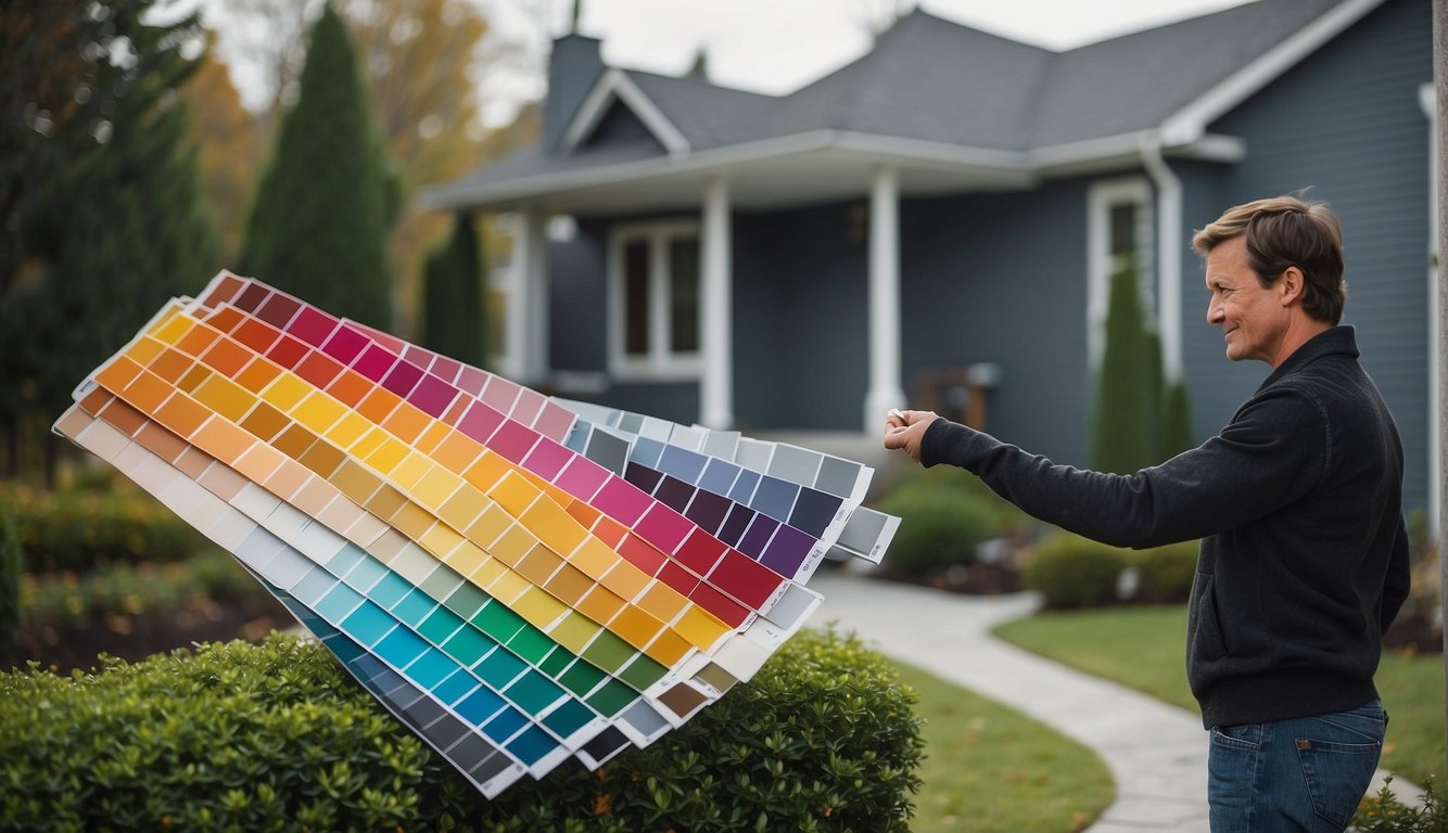 A person holding color swatches against a grey house, comparing and selecting the right gutter color