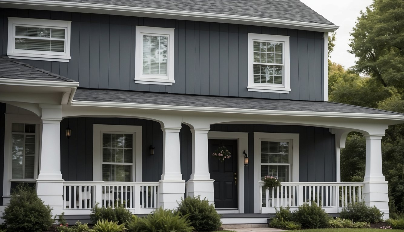 A grey house with white trim, considering options for gutter color