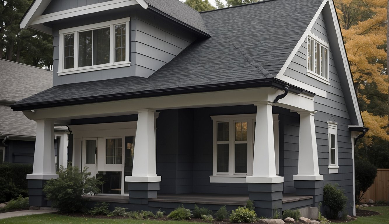 A grey house with white trim has dark grey gutters blending in seamlessly with the exterior. The gutters have a sleek, modern style, adding a subtle touch to the overall aesthetic