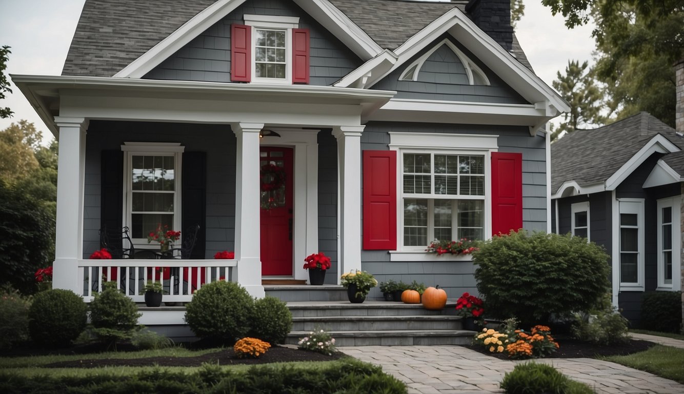 A grey house with white trim and black shutters. Bright red gutters add a pop of color, enhancing curb appeal