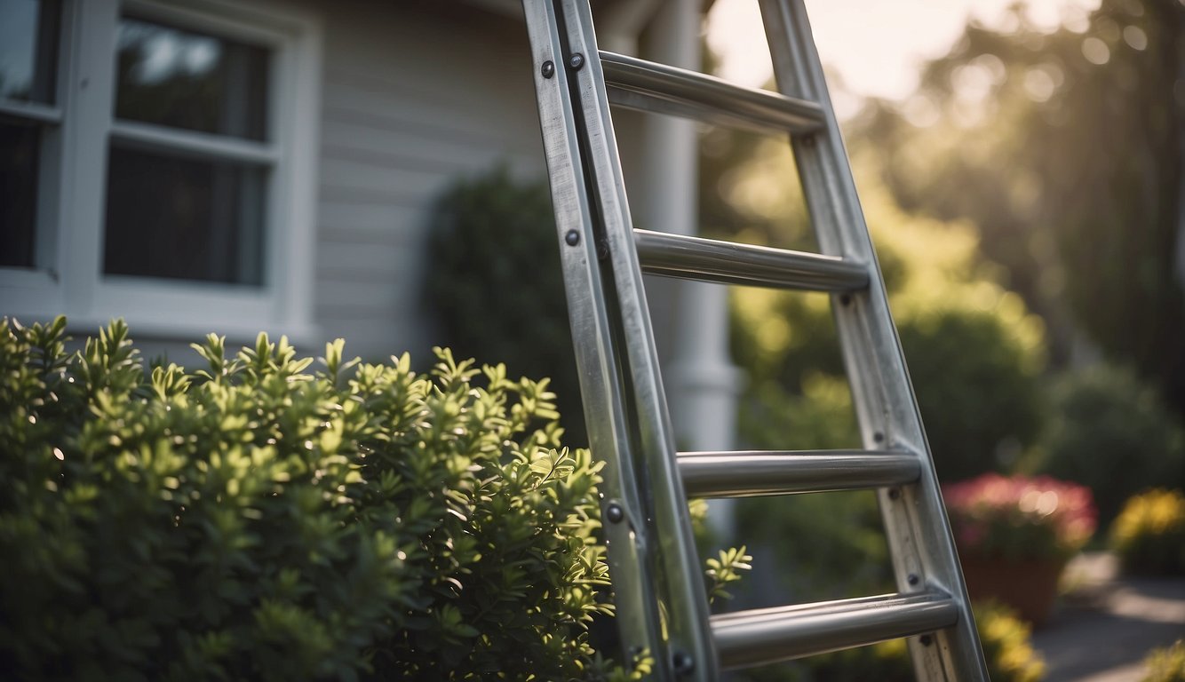 A ladder against a house, with someone cleaning gutters and installing gutter guards to prevent overflowing