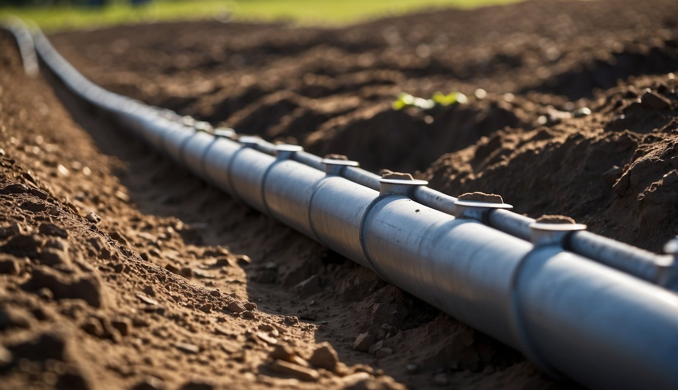 A trench is dug to lay down PVC pipe for underground gutter installation. A level is used to ensure proper slope. Holes are drilled in the pipe for water drainage