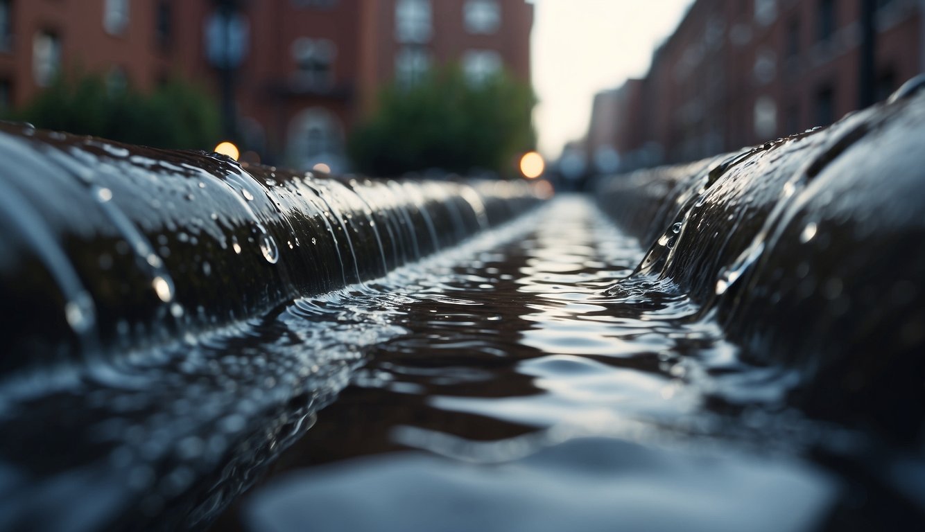 Water flows through underground pipes from gutters to prevent surface flooding. Pipes are installed below the ground, directing water away from the building