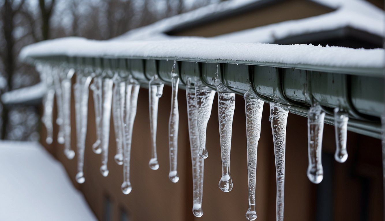 Icicles hang from the gutters, dripping water, against a backdrop of a snowy roof and bare trees