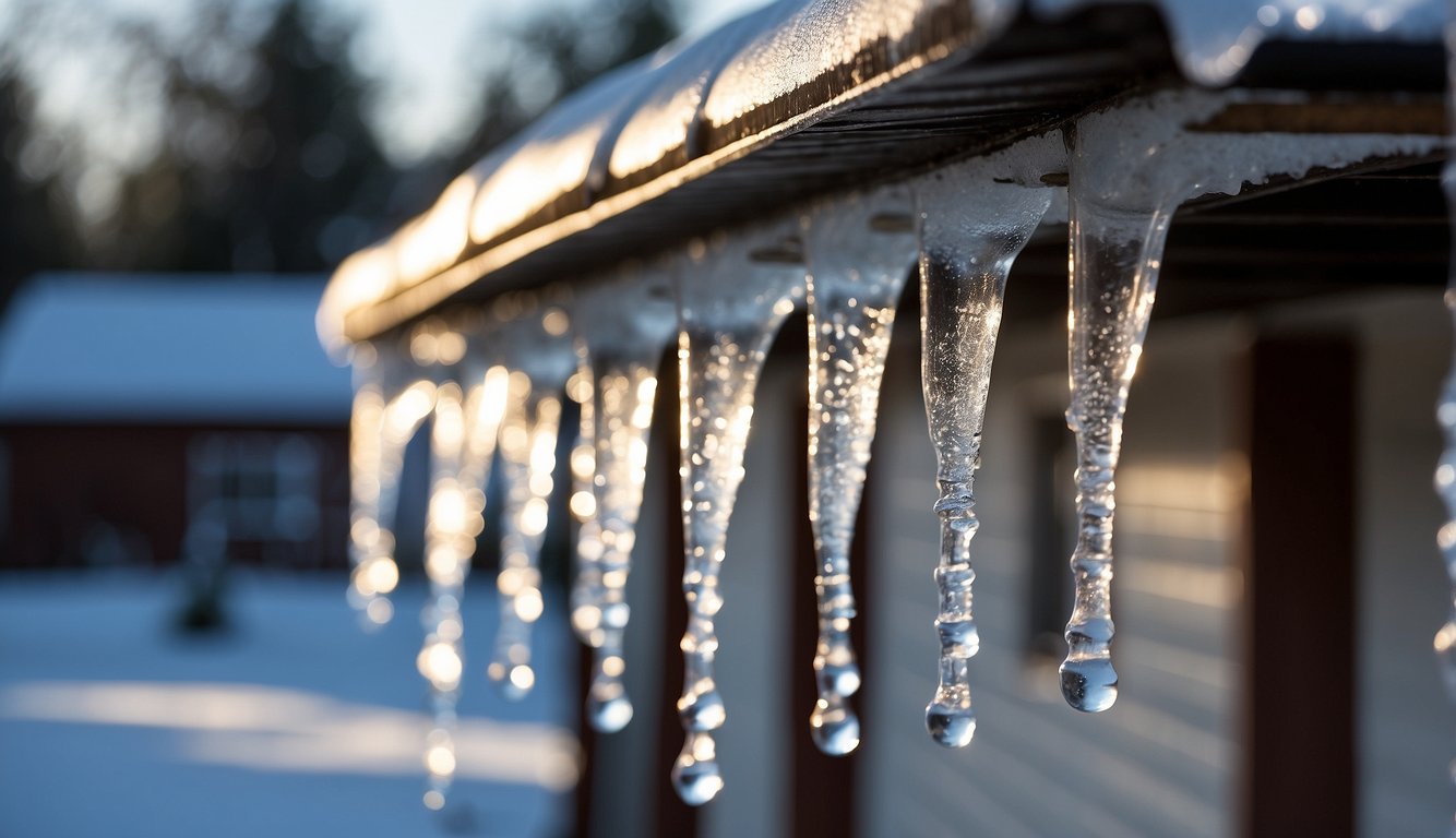 Icicles hang from gutters due to ice dams forming from melting snow and refreezing