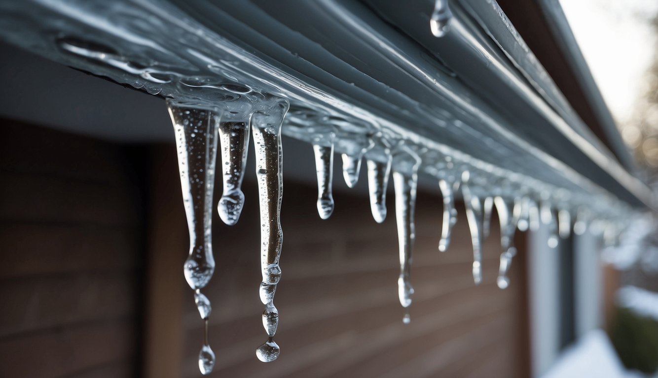 Icicles hang from gutters, water drips down the side of the house, pooling near the foundation. Gutter guards are missing or damaged