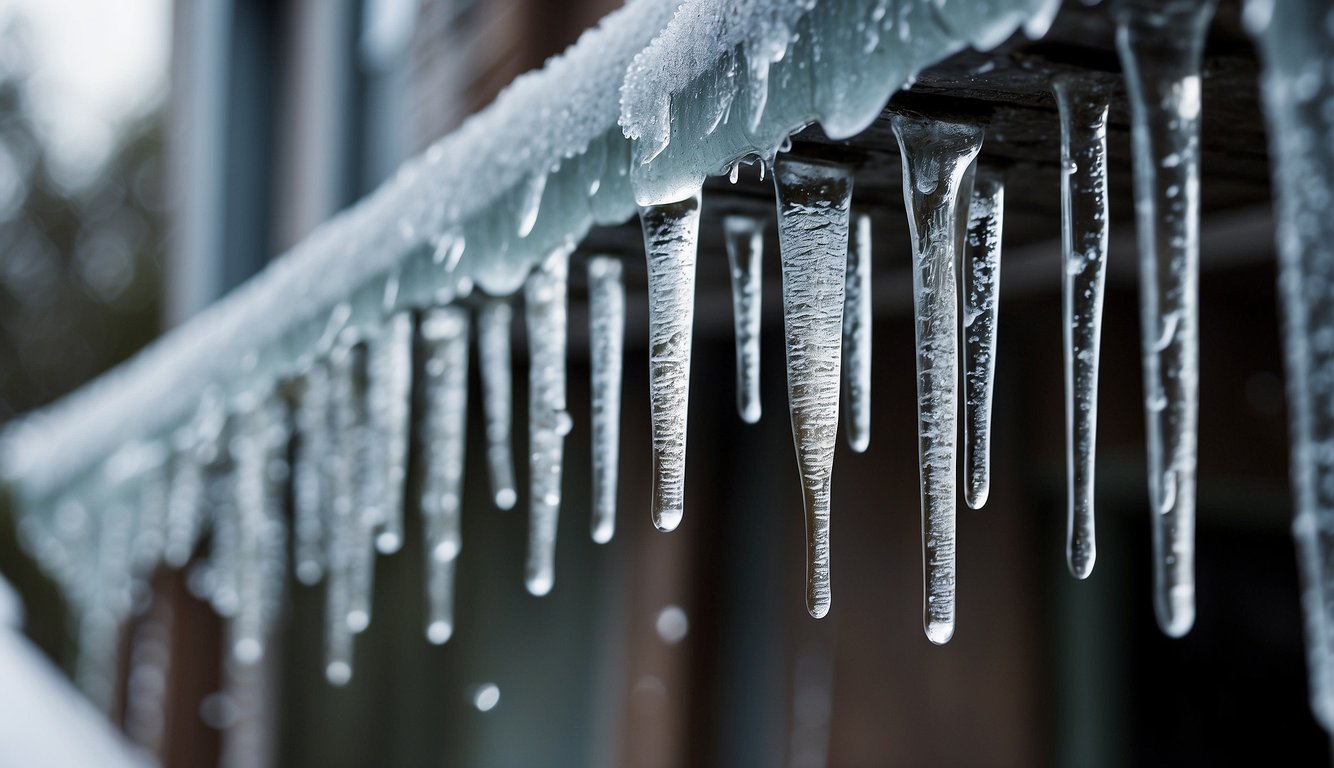 Icicles hang from the gutters, threatening danger