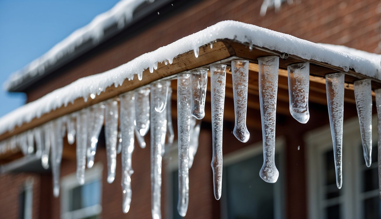 Icicles hang from gutters. Safe removal of ice dams