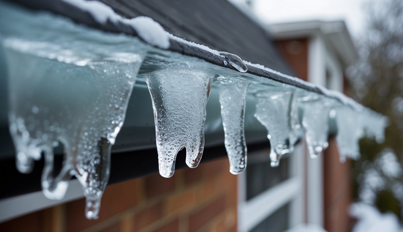 Ice in gutters melts slowly with warm water from a hose or salt spread evenly along the gutter. Avoid using metal tools to chip away ice