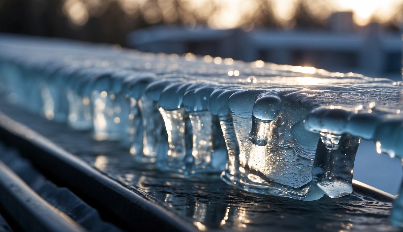 Ice forms in gutters, blocking water flow. Melt ice with hot water or ice melt. Illustrate ice buildup and melting process