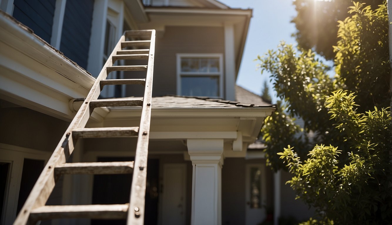 A ladder leaning against a house, with a person's hand reaching up to clean gutters