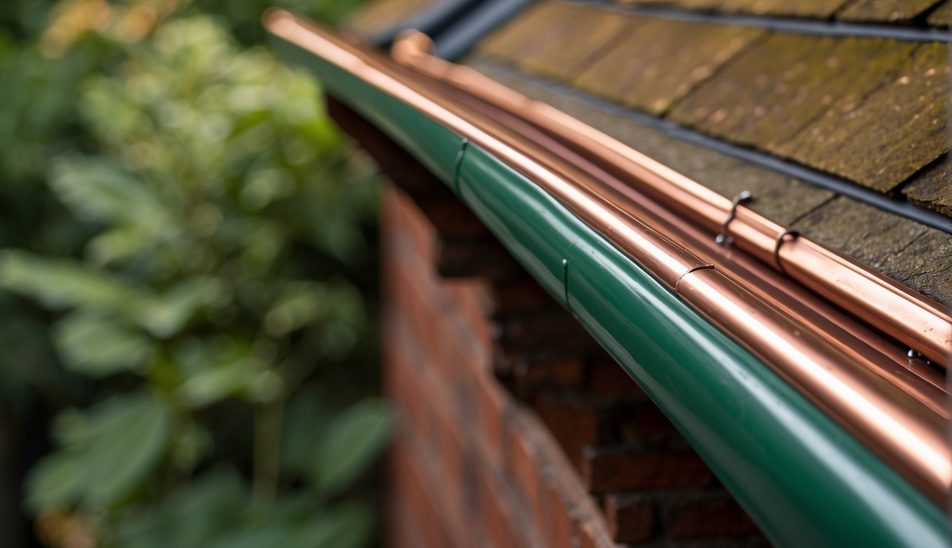 Copper gutters installed on a house, showing signs of aging. Some sections are green with patina while others are still shiny