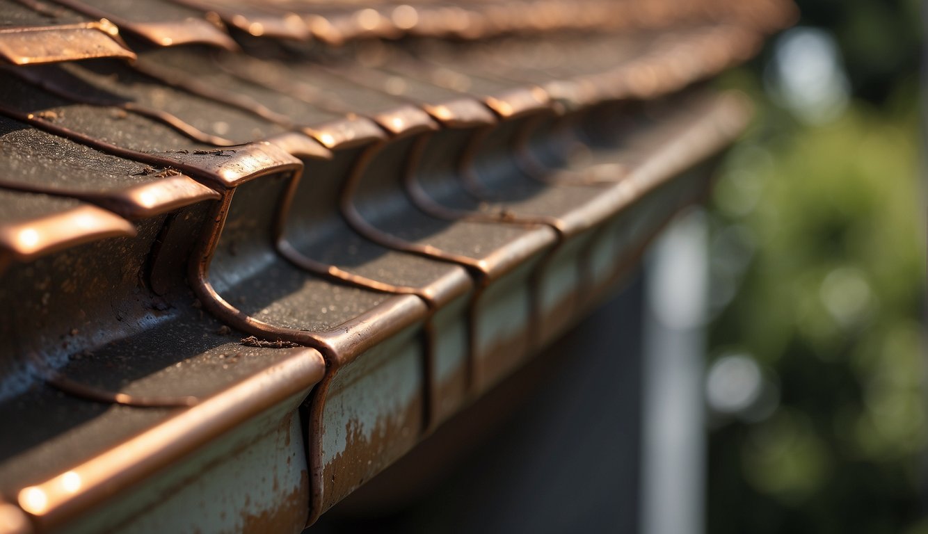 Copper gutters aging over time, showing signs of wear and corrosion. Surrounding environment may show evidence of minimal maintenance