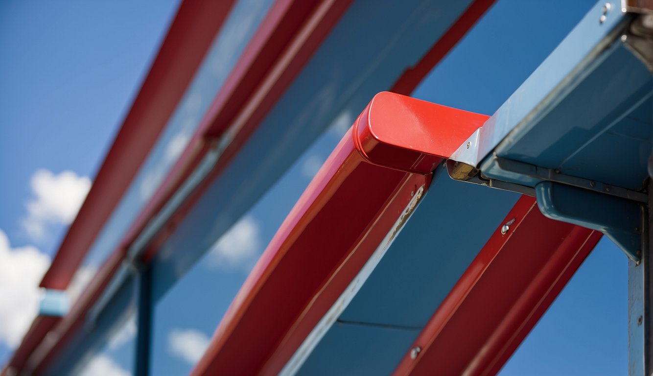 Vibrant red paint applied to metal gutters against a blue sky backdrop