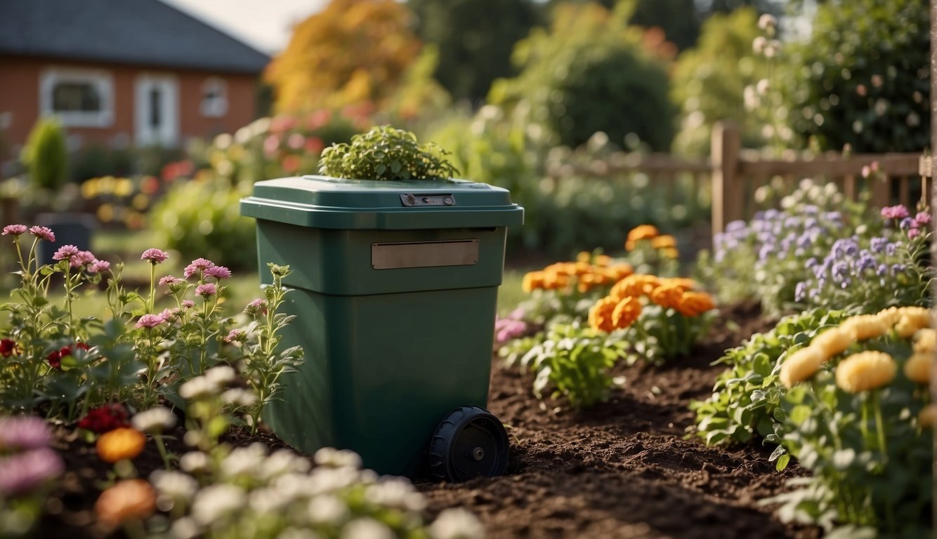 A garden with blooming flowers, a vegetable patch, and a compost bin. Birds and small animals roam freely. A pest control device is discreetly placed near the garden