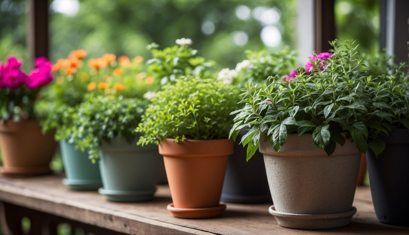 Lush green plants cascade over the edges of small pots on a cozy porch. Vibrant flowers bloom, adding pops of color to the serene outdoor space