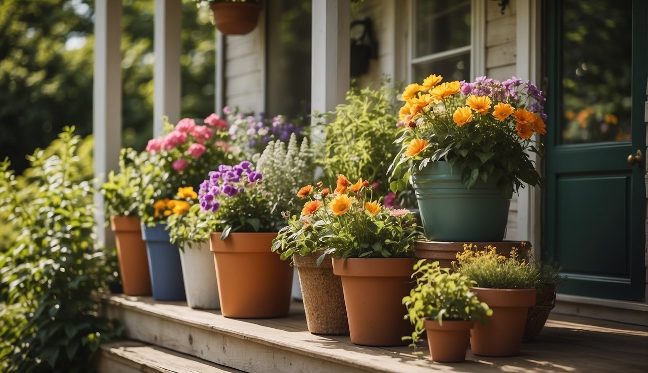 Vibrant flowers and green foliage fill a small porch, basking in the spring to summer sun. Pots of various sizes and colors line the edges, showcasing a diverse selection of plants