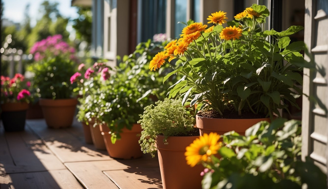 Vibrant green potted plants fill a small porch, surrounded by colorful flowers and textured foliage. The sun shines down, casting shadows and highlighting the variety of plant life
