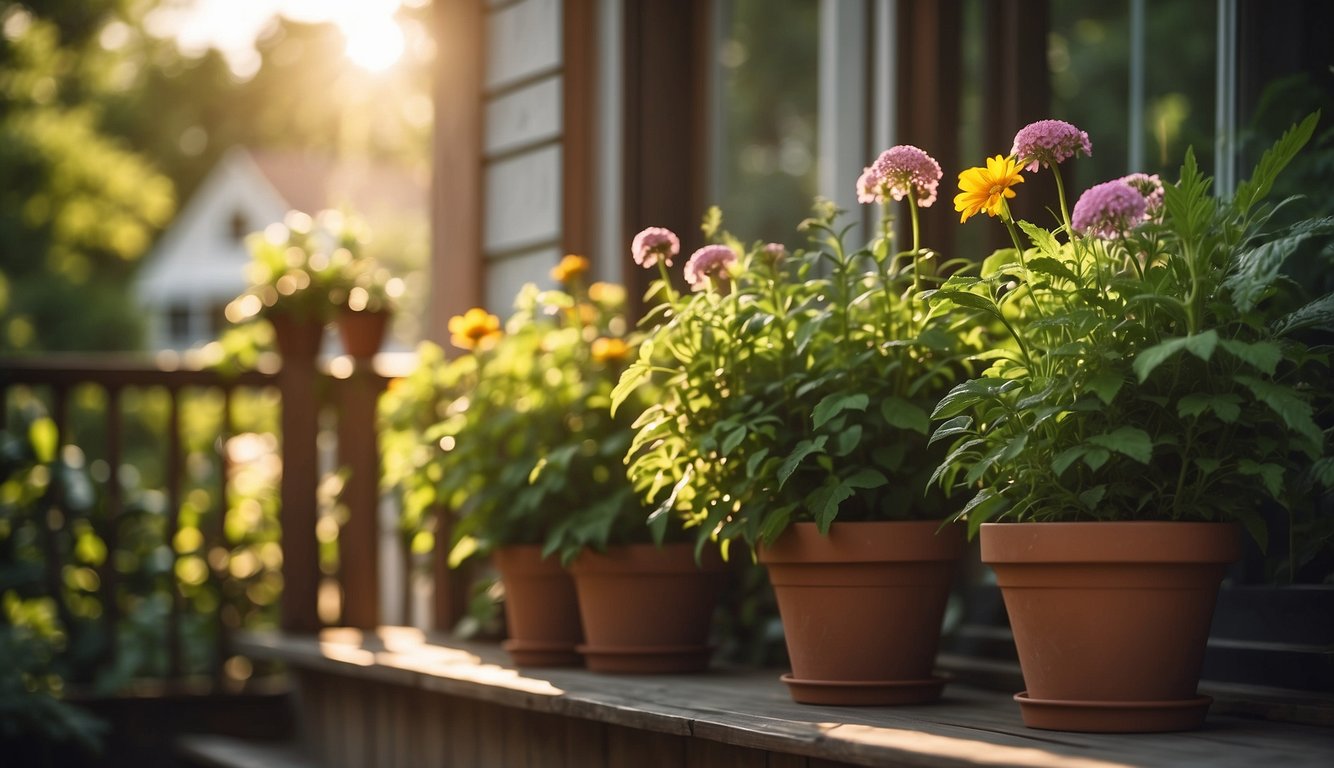 Lush green potted plants line a small porch, blooming with vibrant flowers from spring to summer. The sun casts a warm glow, highlighting the beauty of the carefully chosen foliage