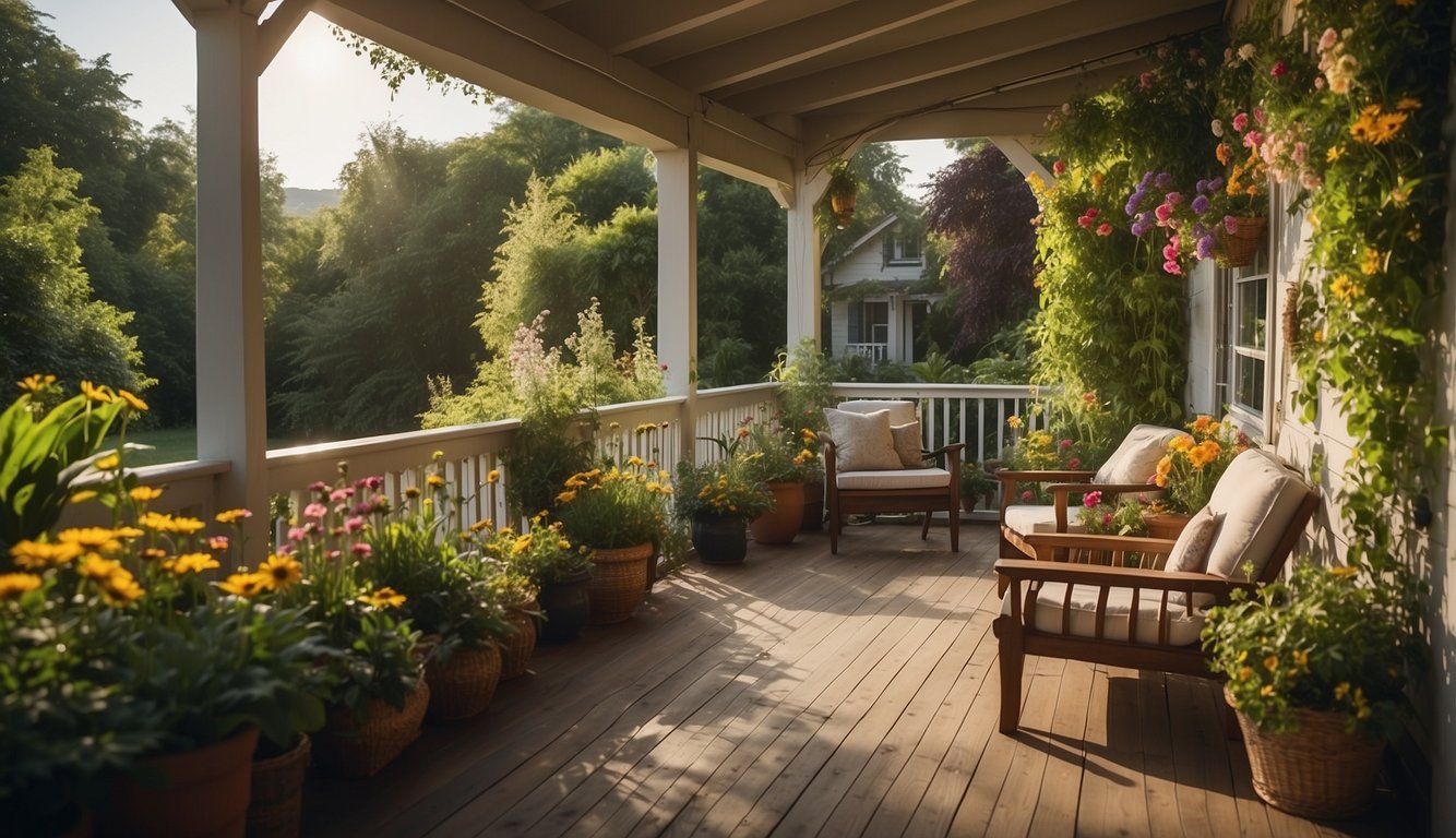 Lush greenery and colorful flowers cover a small porch, attracting butterflies and bees. The air is filled with the gentle hum of pollinators, creating a vibrant and lively scene