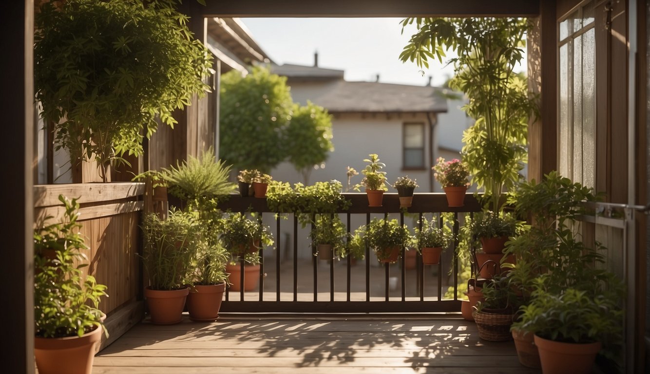 A small porch with tall potted plants blocking the view, a hanging curtain to shield from neighbors, and a wooden lattice fence for added privacy