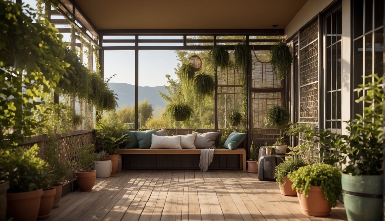 A small porch with a variety of privacy options: hanging curtains, lattice panels, potted plants, tall bushes, outdoor screens, and a decorative room divider