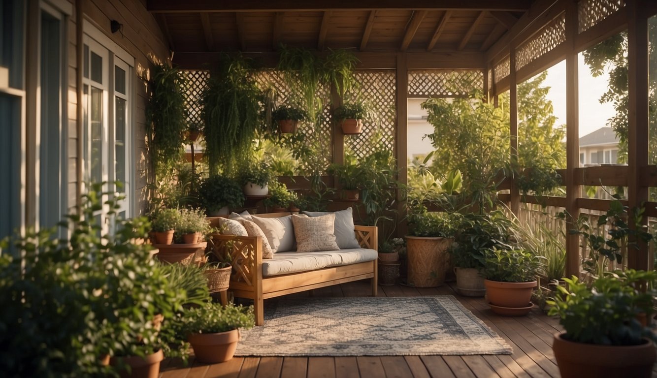 A small porch with added privacy features: hanging curtains, tall potted plants, lattice screens, a cozy corner with a room divider, and a decorative trellis