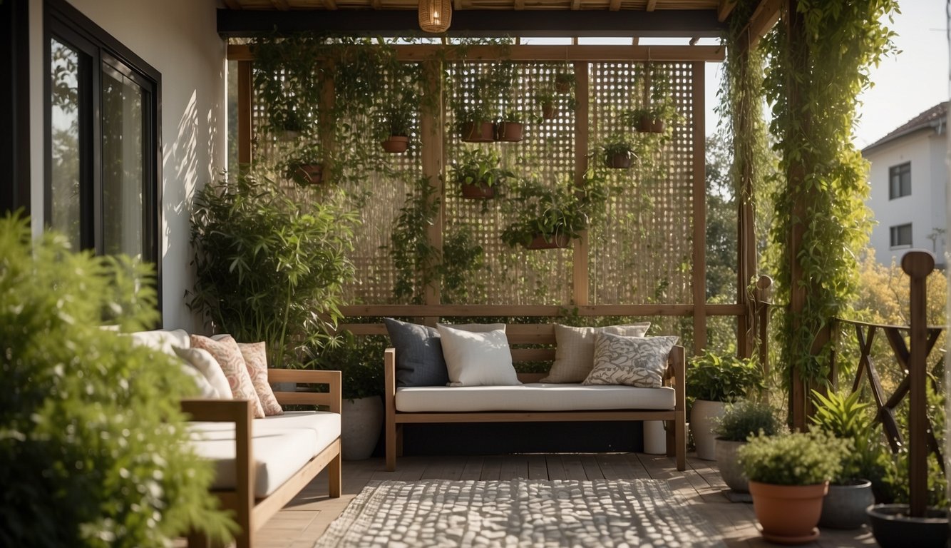 A small porch with added structural elements for privacy, such as trellises, hanging plants, bamboo screens, outdoor curtains, lattice panels, and potted trees