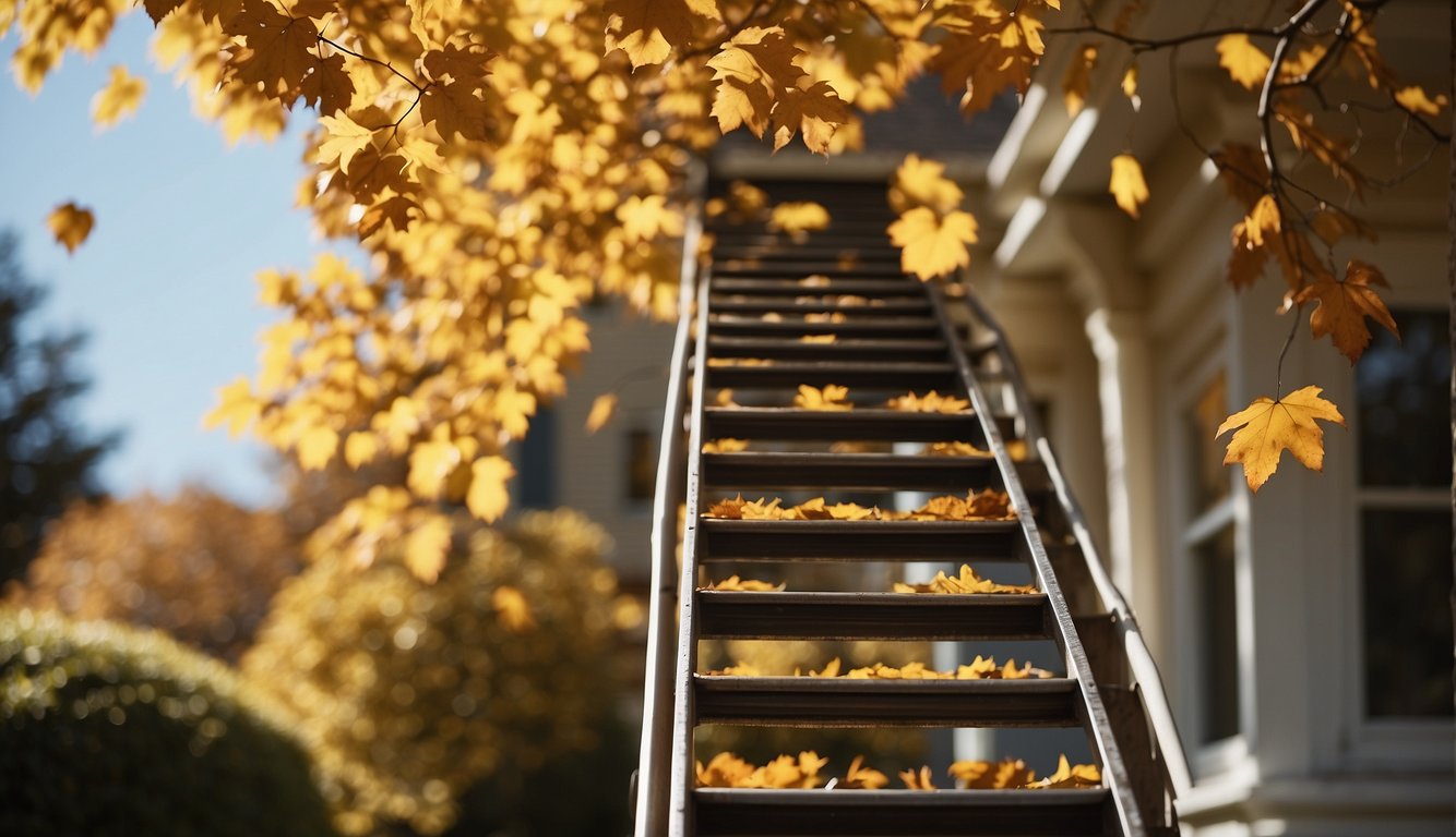 A sunny, autumn day with falling leaves and a ladder propped against a house, as someone cleans out the gutters