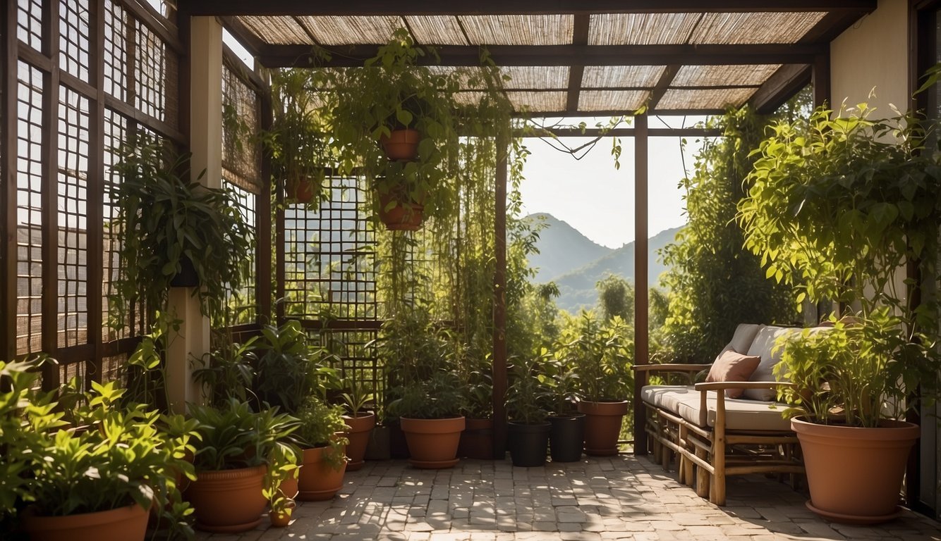 A small porch with hanging plants, bamboo blinds, lattice panels, potted trees, a trellis with climbing vines, and a decorative privacy screen