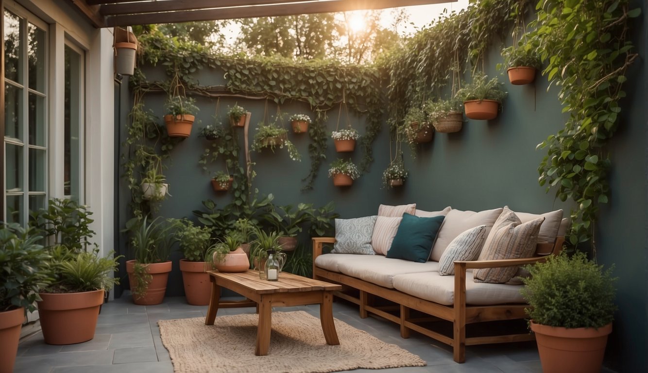 A small porch with tall potted plants lining the edges, a trellis with climbing vines, hanging curtains, a wooden privacy screen, and a cozy seating area with cushions and throw pillows