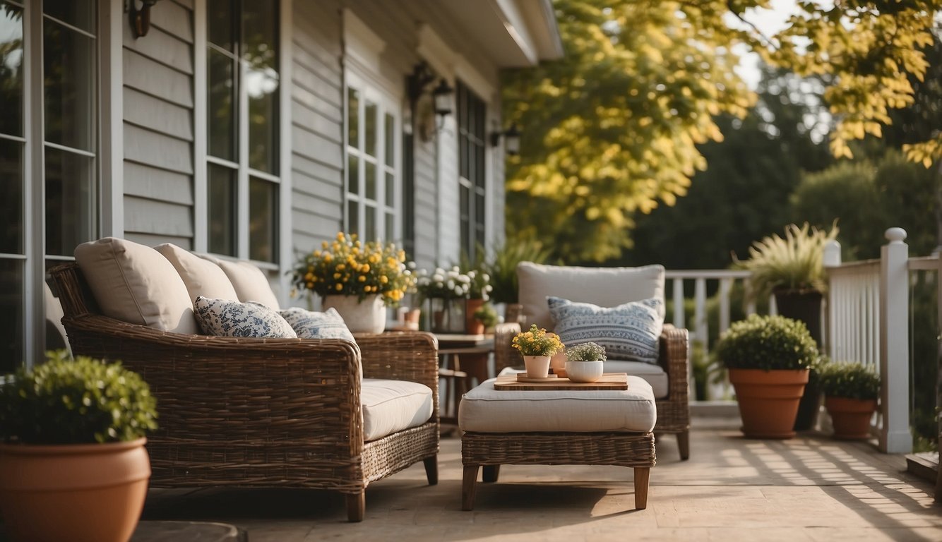 A person arranging cozy furniture on a porch, balancing comfort and style. Budget-friendly tips in mind