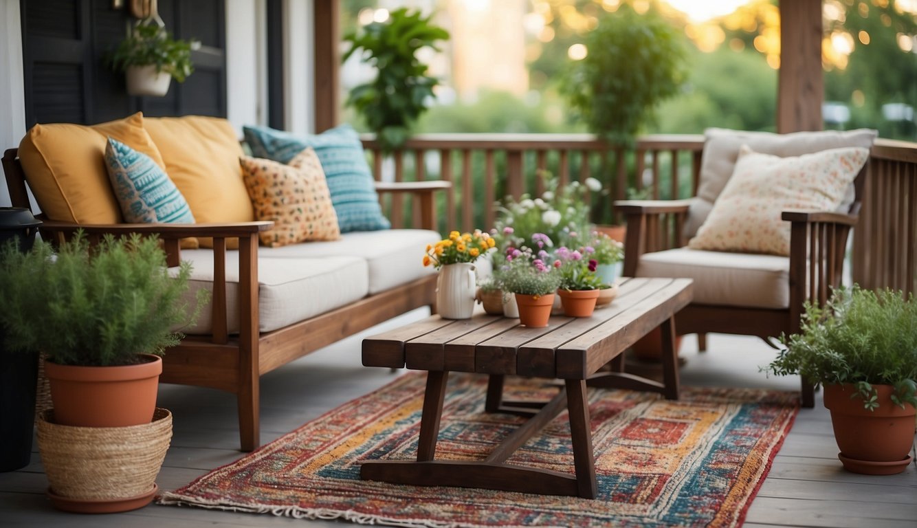 A porch adorned with colorful throw pillows, potted plants, and string lights. A cozy rug and a small table with a vase of fresh flowers complete the inviting atmosphere