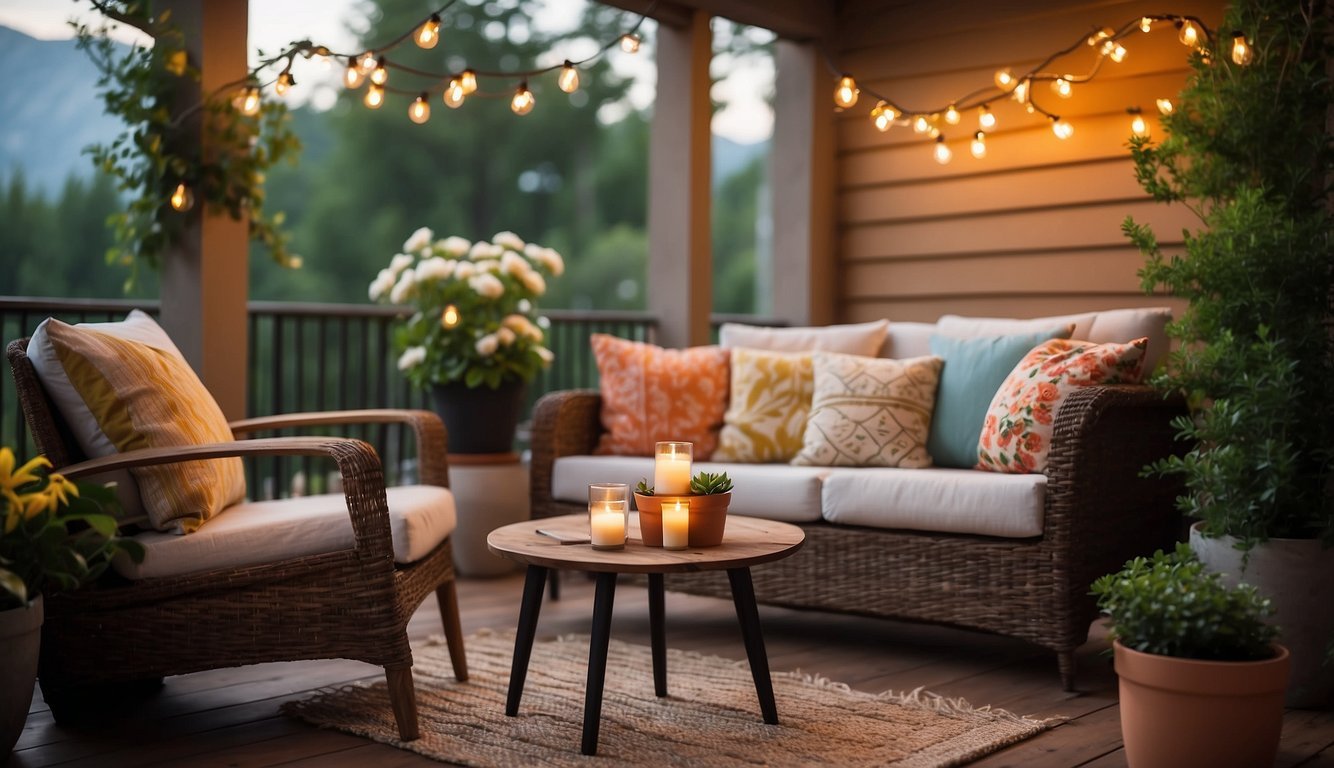 A cozy porch with budget-friendly decor: string lights, potted plants, comfy seating, and colorful throw pillows. A small table with a vase of fresh flowers and a warm, inviting atmosphere