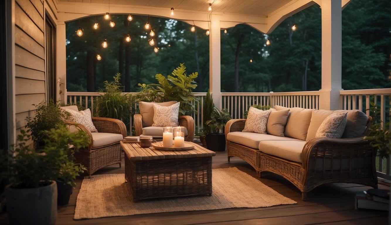 A porch with budget-friendly furniture and cozy decor, set against a backdrop of greenery and warm lighting