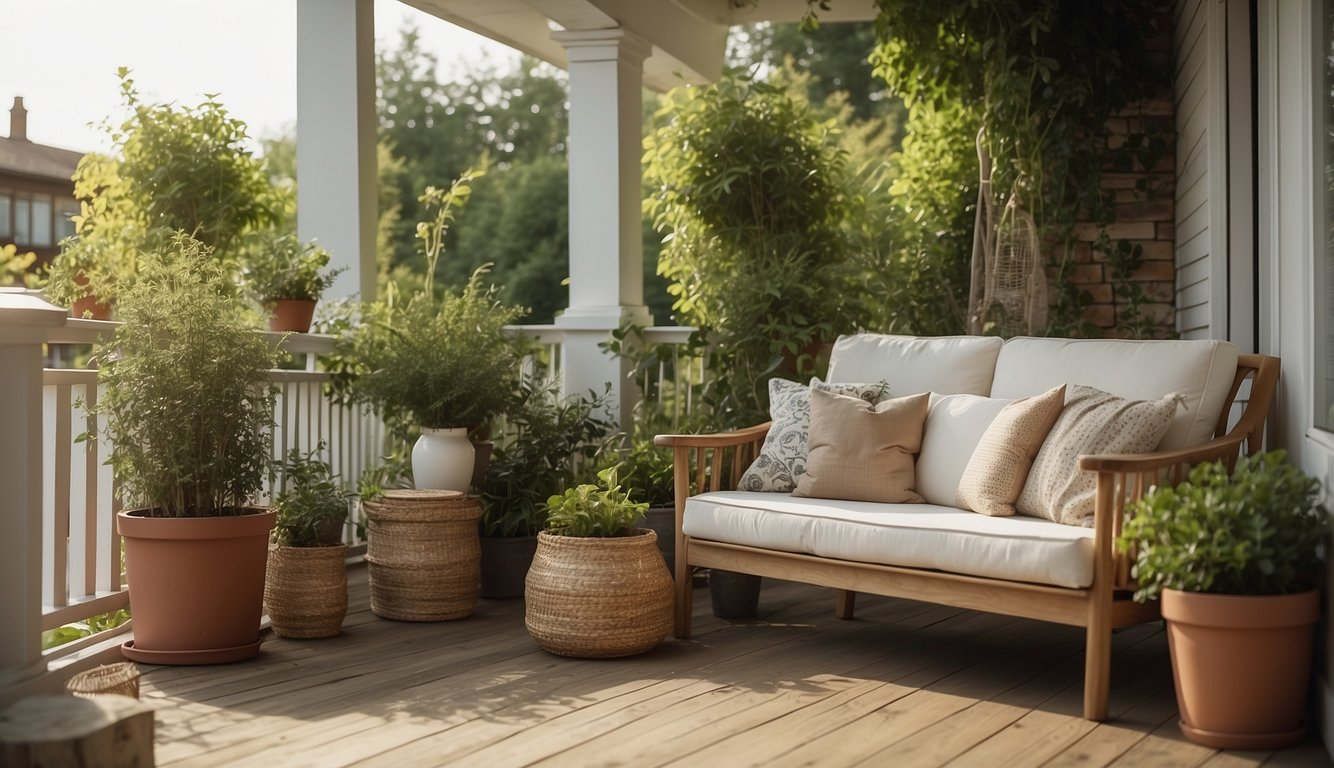 A porch with simple, comfortable furniture and soft lighting. Plants in budget-friendly containers create a cozy atmosphere