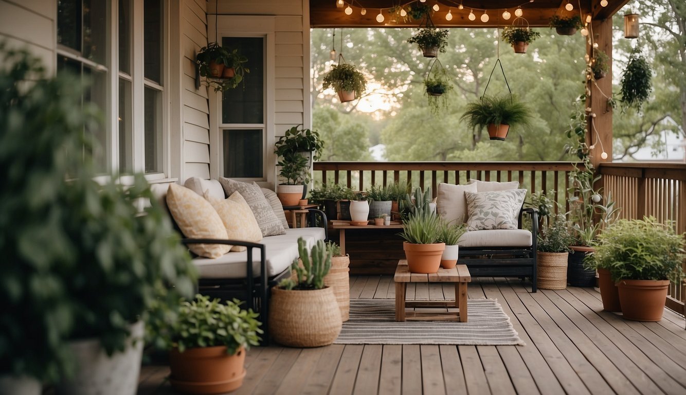 A cozy porch with DIY projects like hanging plants, repurposed furniture, and string lights. A budget-friendly space with a welcoming vibe