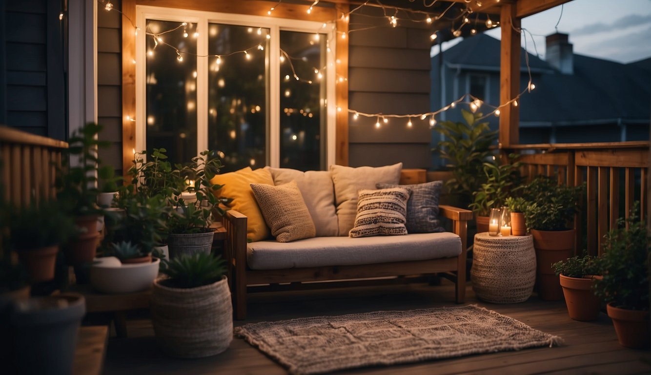 A small porch with string lights, potted plants, cozy seating, throw pillows, a small table, a rug, and a warm blanket
